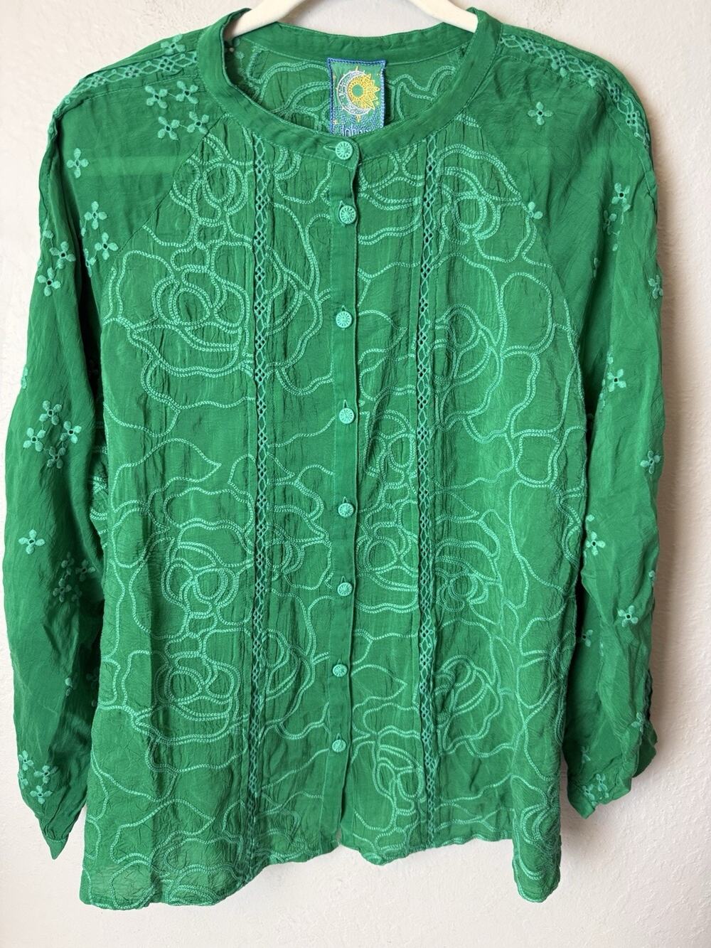 Johnny Was Kelly Green Tyrael Embroidered Button Down Shirt Cupra Rayon